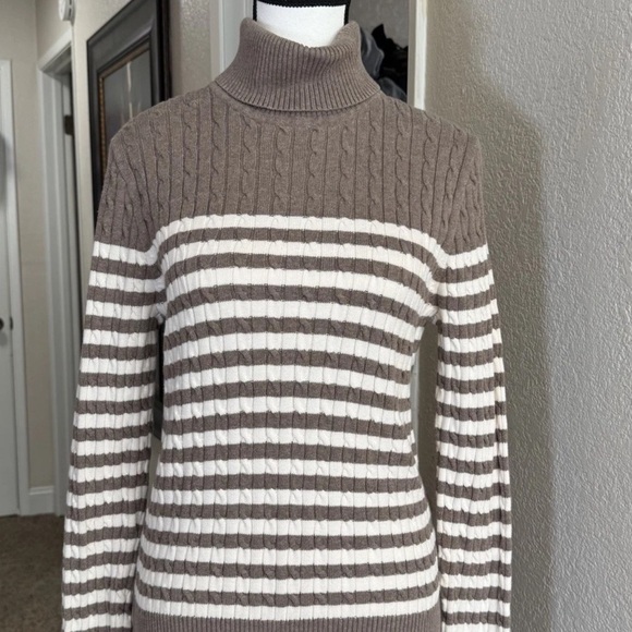 Jeanne Pierre Sweater Women's M Striped Cable Knit Turtleneck Brown White Fall - Picture 2 of 6